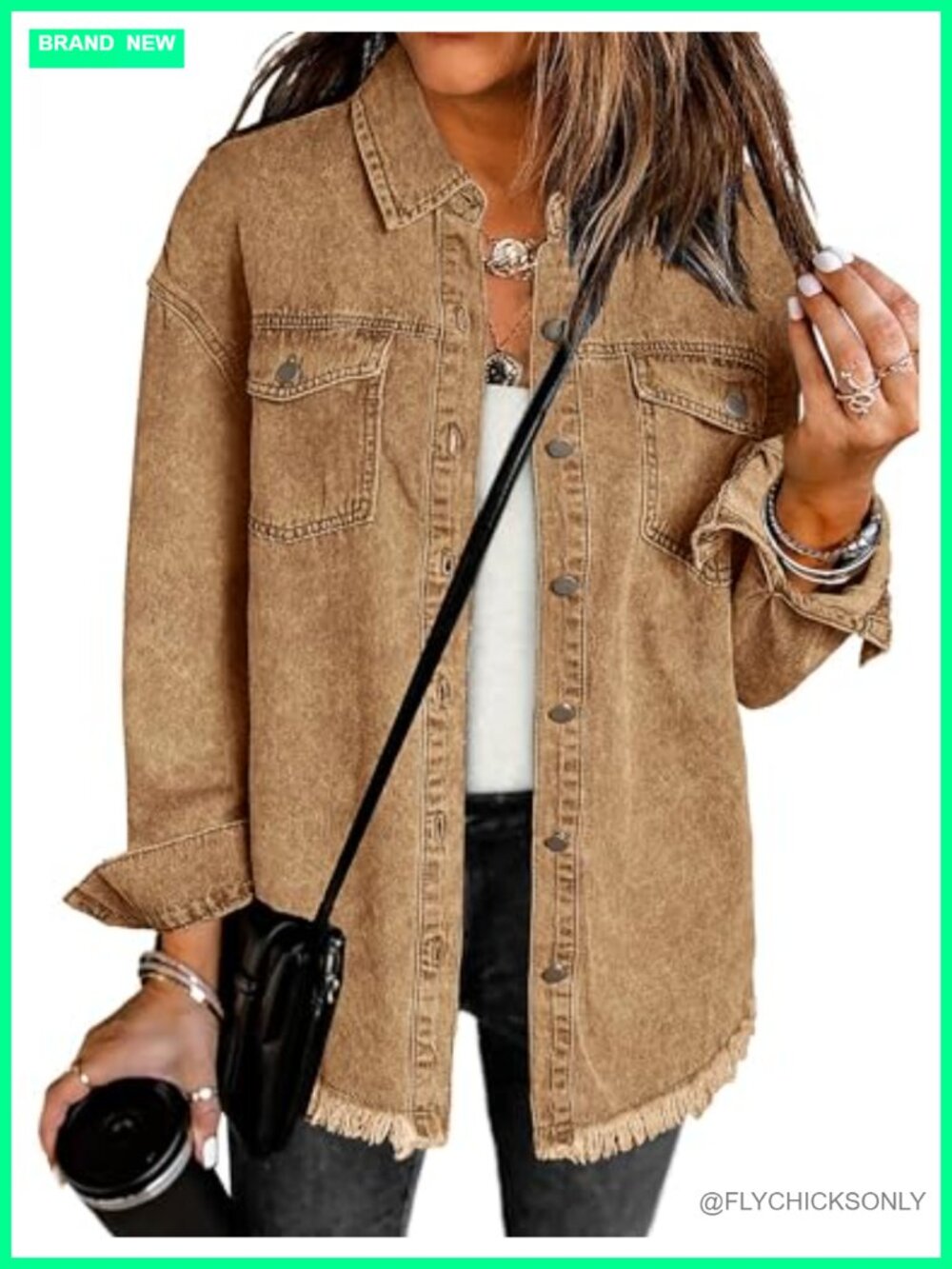 Oversized Button Down Denim Jacket Frayed Hem Western Jean Shacket